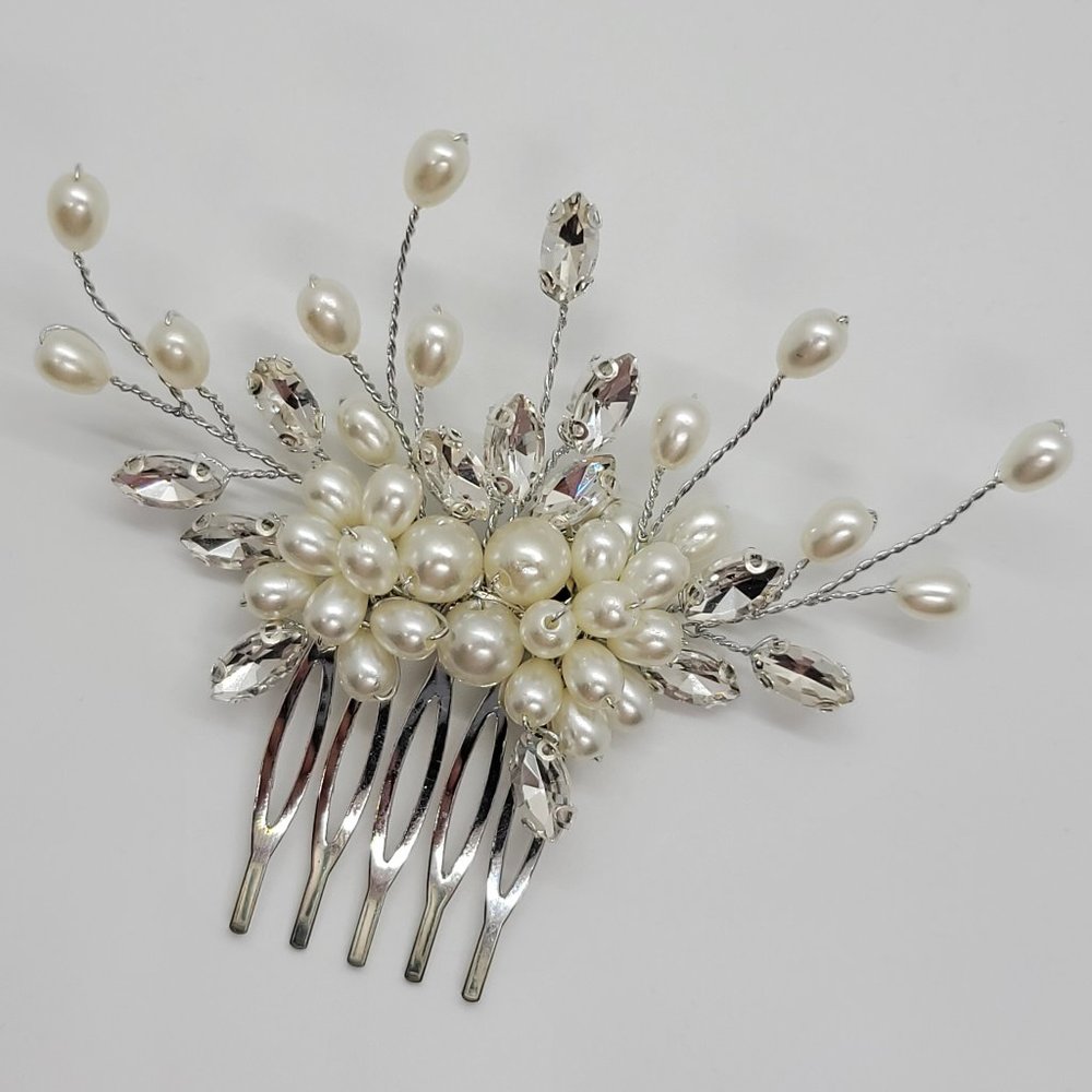 Silver Hair Comb - Pearls & Crystals